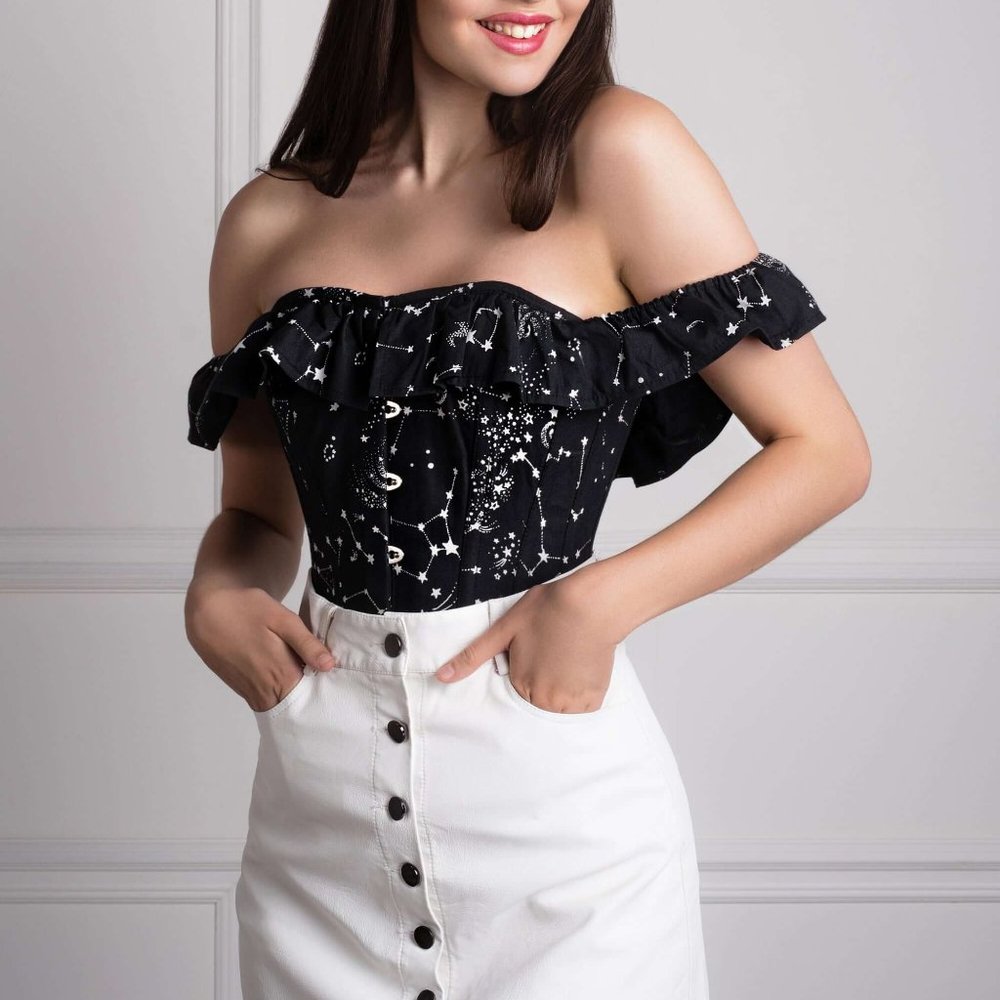 Corset Story Cotton Astronomy Print Sleeved Corset Top